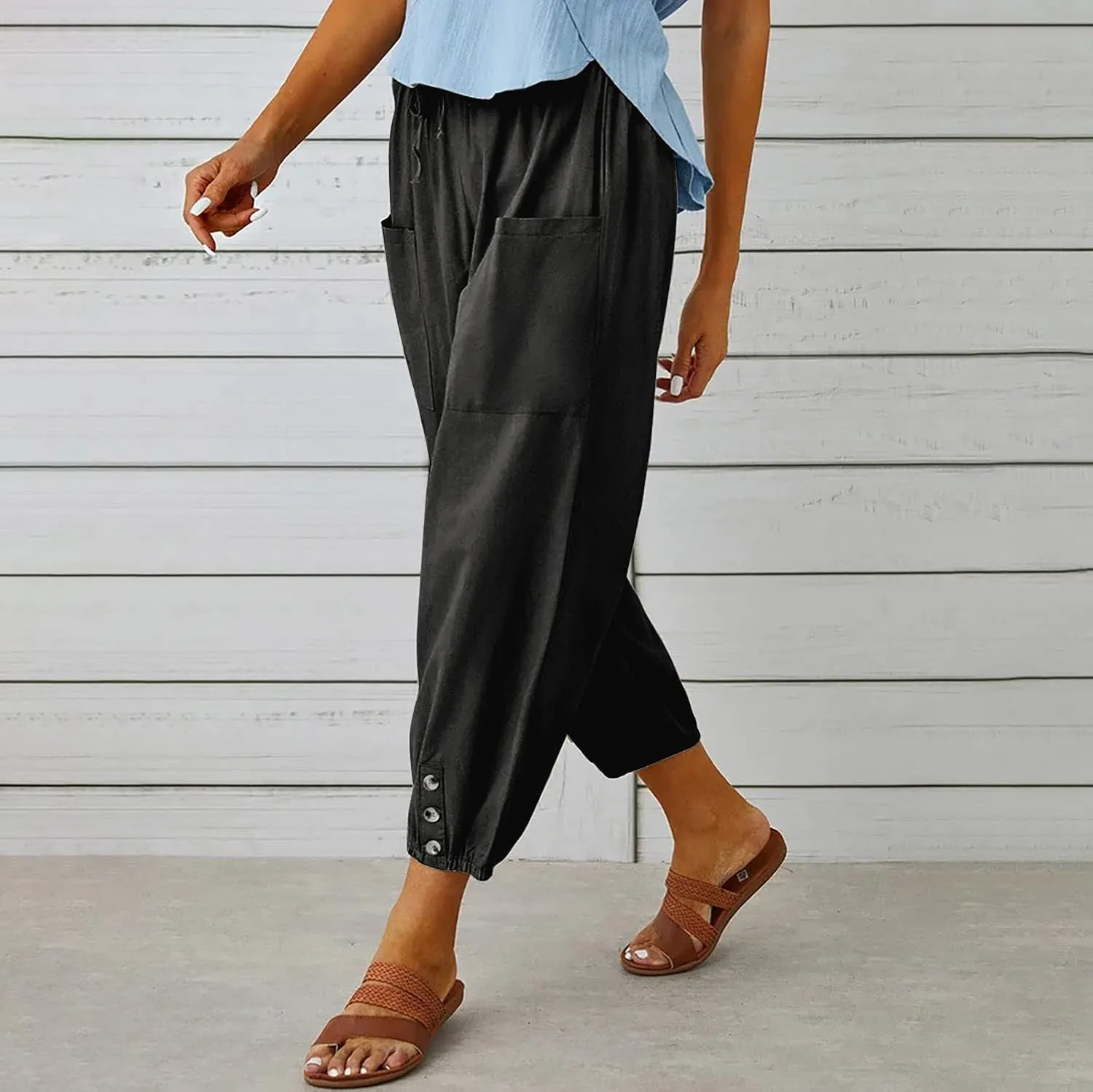 utcoco Women's Cotton Linen Harem Pants High Waist Drawstring Trousers Casual Loose Button Cropped Pants