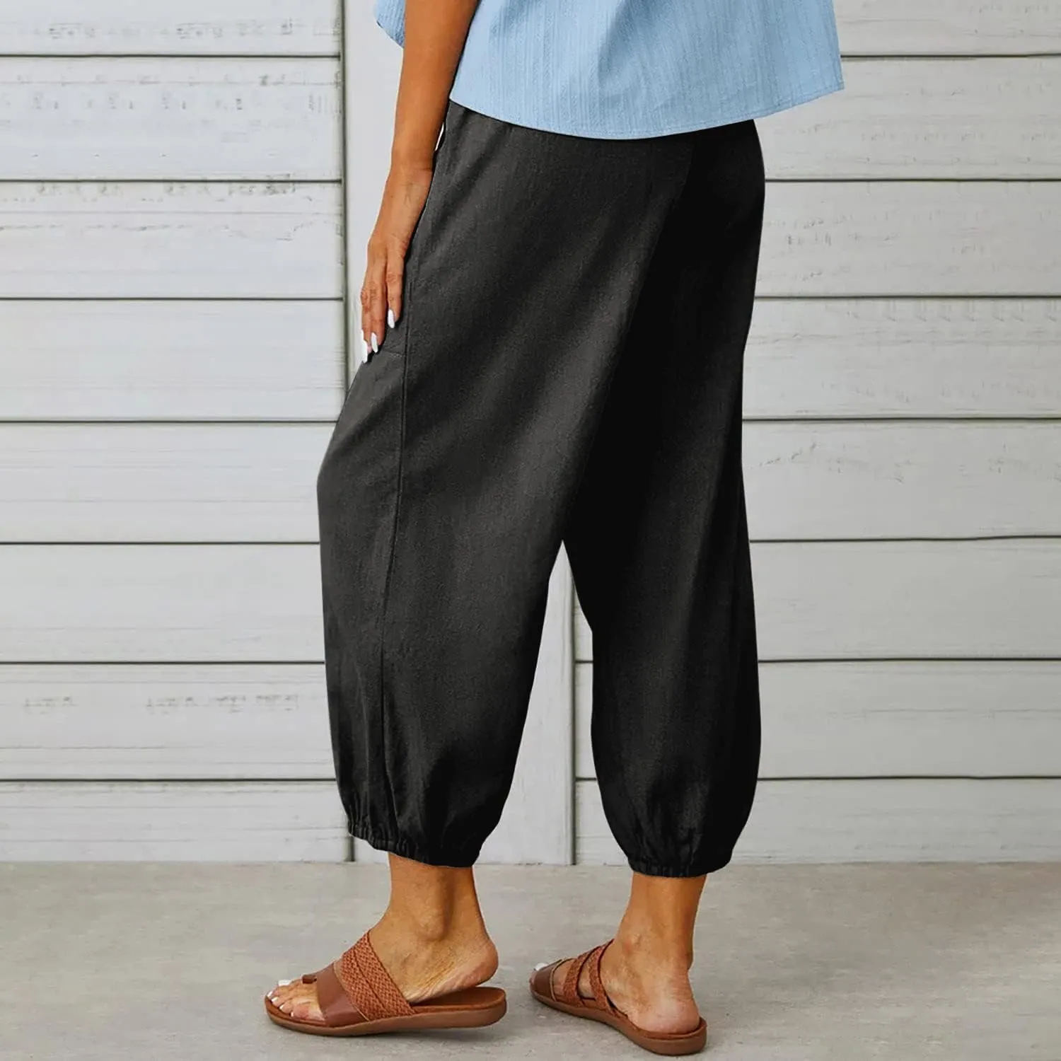 utcoco Women's Cotton Linen Harem Pants High Waist Drawstring Trousers Casual Loose Button Cropped Pants