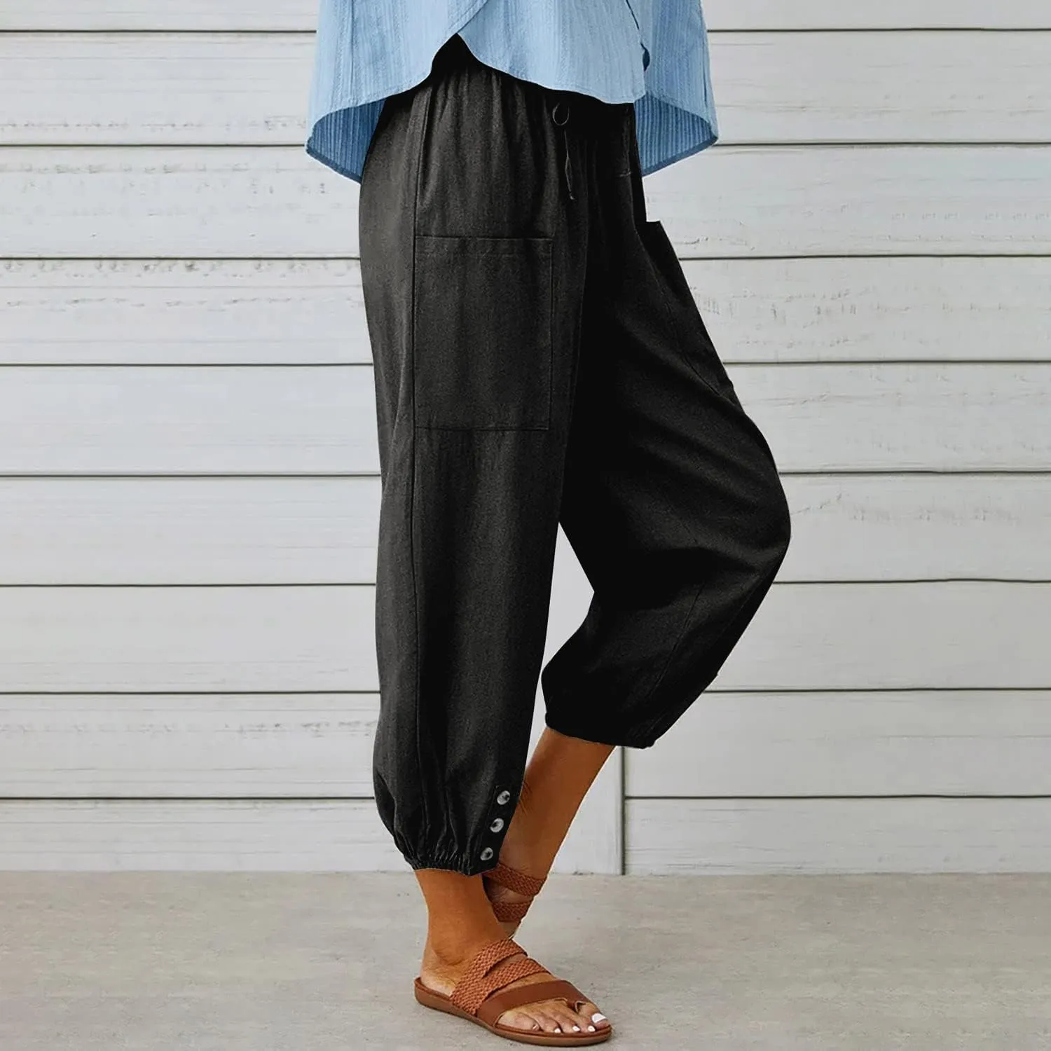 utcoco Women's Cotton Linen Harem Pants High Waist Drawstring Trousers Casual Loose Button Cropped Pants