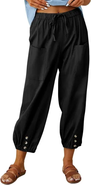 utcoco Women's Cotton Linen Harem Pants High Waist Drawstring Trousers Casual Loose Button Cropped Pants