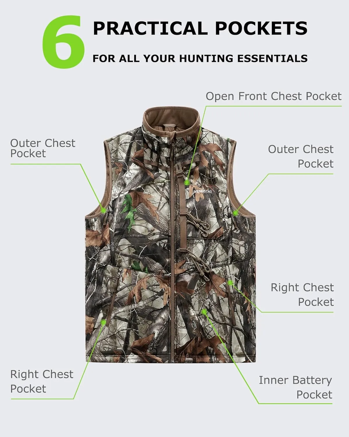 Venustas Heated Hunting Vest For Men, 20-Hour Runtime, Rechargeable Heated Camo Vest with Battery Included