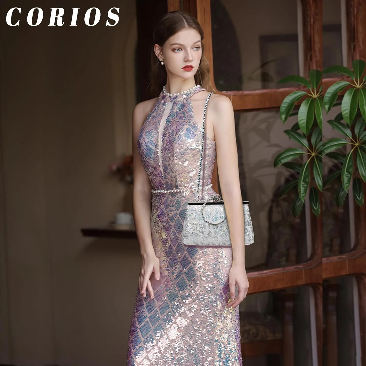 Vintage 1920s Evening Clutch Bag for Women Sparkly Sequin Handbag Bridal Wedding Purse Rhinestone Crossbody Bag