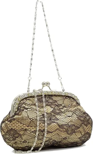 Vintage Lace Evening Clutch Bag for Women Elegant Floral Purse with Rhinestone Frame for Weddings Parties Formal Events