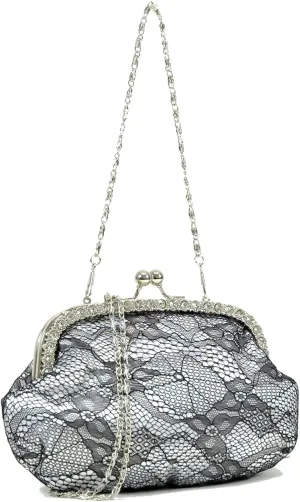 Vintage Lace Evening Clutch Bag for Women Elegant Floral Purse with Rhinestone Frame for Weddings Parties Formal Events