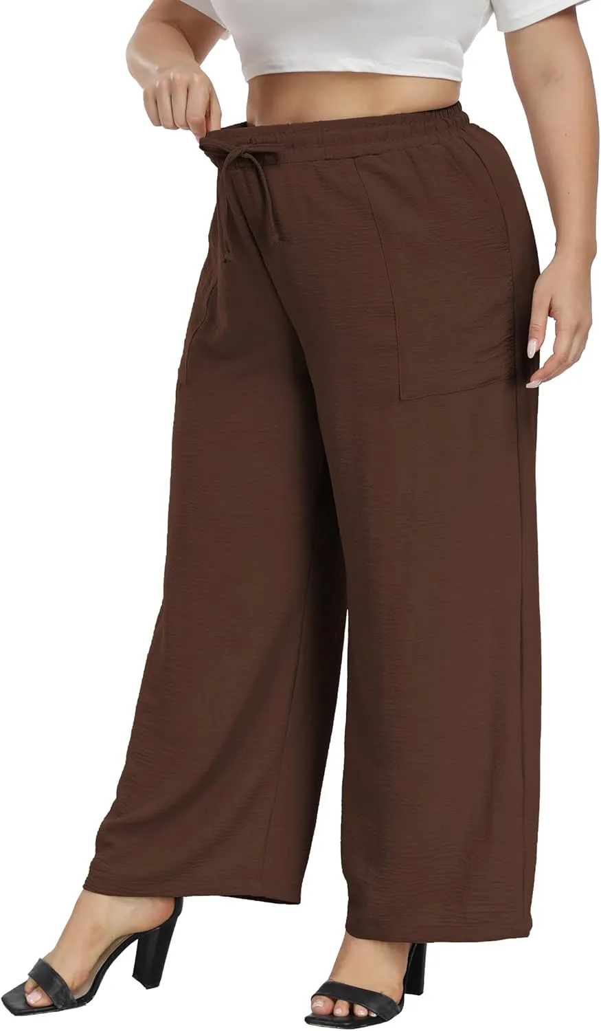 VOGUEMAX Womens Plus Size Wide Leg Pants Summer Casual Pants Loose Fit Flowy High Waisted Trousers with Pockets