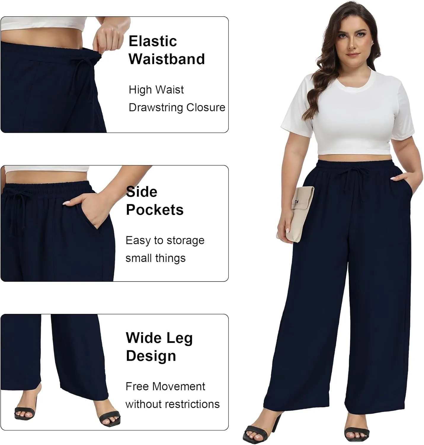 VOGUEMAX Womens Plus Size Wide Leg Pants Summer Casual Pants Loose Fit Flowy High Waisted Trousers with Pockets