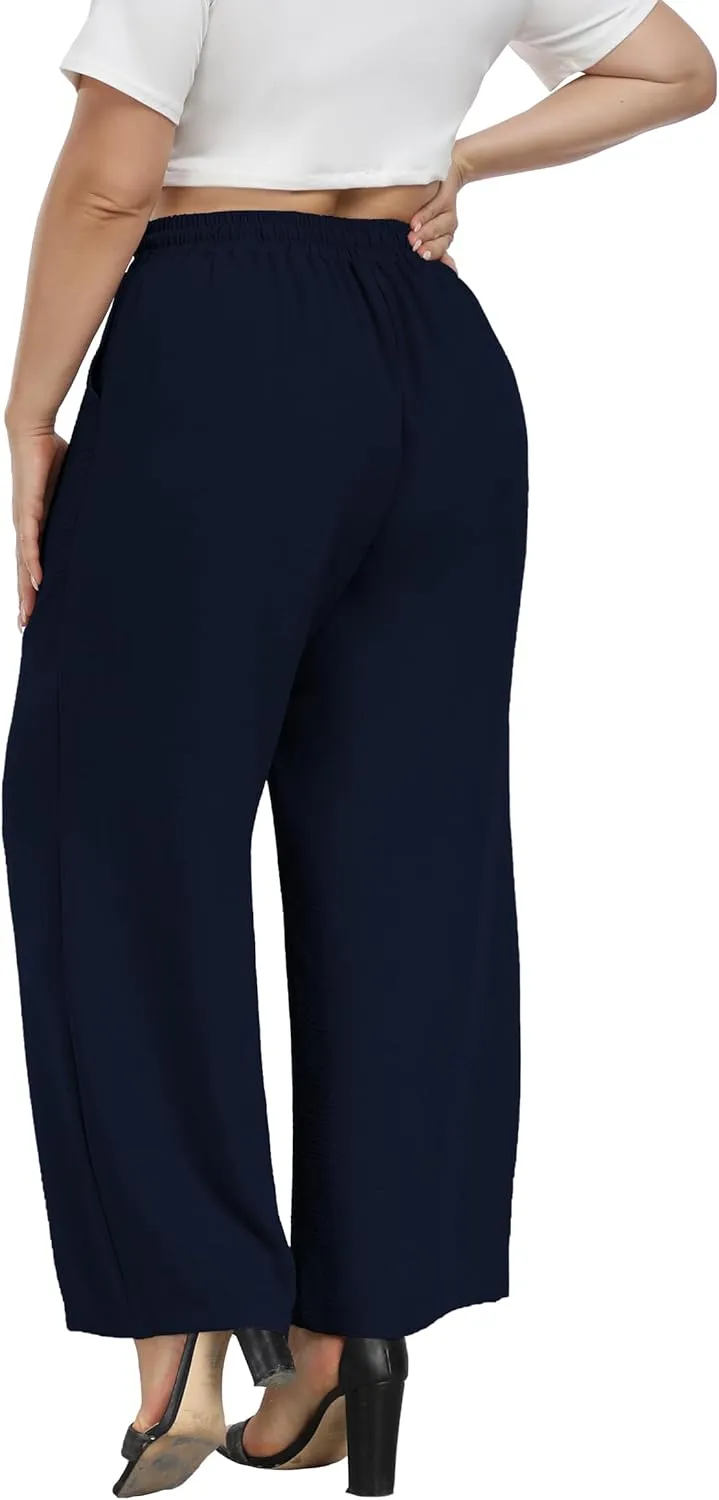 VOGUEMAX Womens Plus Size Wide Leg Pants Summer Casual Pants Loose Fit Flowy High Waisted Trousers with Pockets