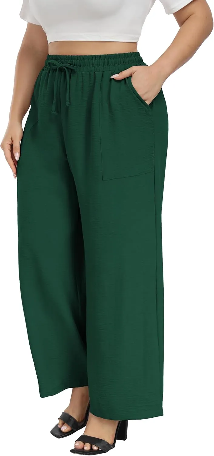 VOGUEMAX Womens Plus Size Wide Leg Pants Summer Casual Pants Loose Fit Flowy High Waisted Trousers with Pockets
