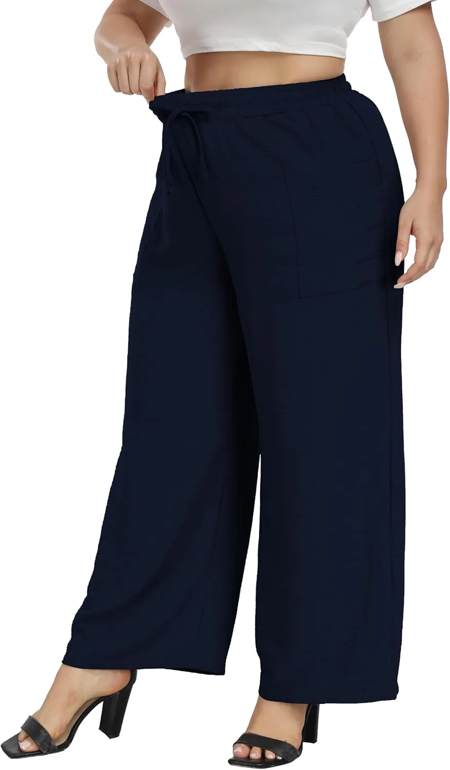 VOGUEMAX Womens Plus Size Wide Leg Pants Summer Casual Pants Loose Fit Flowy High Waisted Trousers with Pockets
