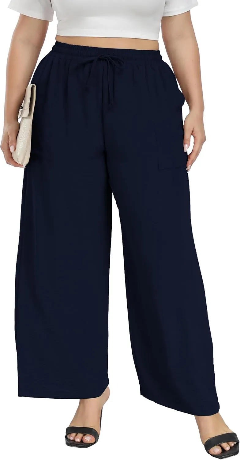 VOGUEMAX Womens Plus Size Wide Leg Pants Summer Casual Pants Loose Fit Flowy High Waisted Trousers with Pockets