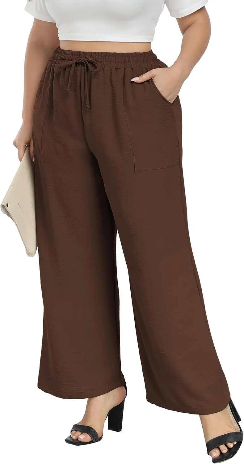 VOGUEMAX Womens Plus Size Wide Leg Pants Summer Casual Pants Loose Fit Flowy High Waisted Trousers with Pockets