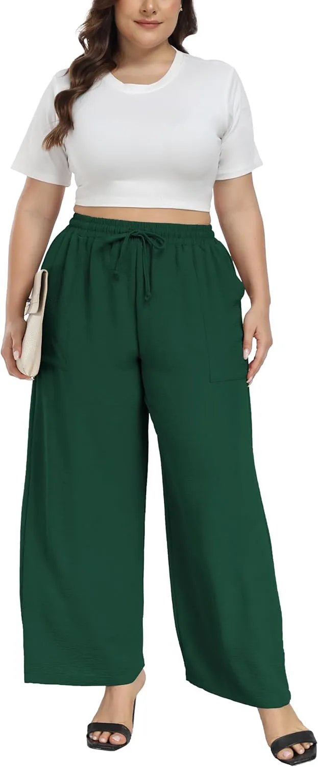 VOGUEMAX Womens Plus Size Wide Leg Pants Summer Casual Pants Loose Fit Flowy High Waisted Trousers with Pockets