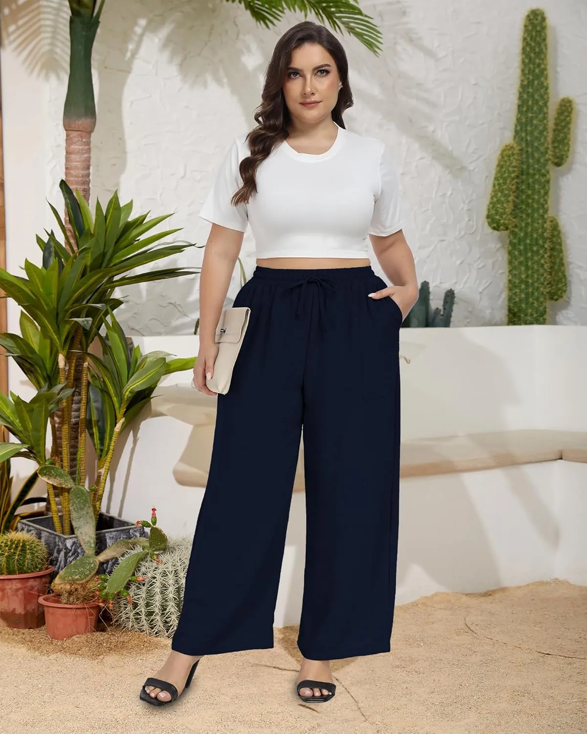 VOGUEMAX Womens Plus Size Wide Leg Pants Summer Casual Pants Loose Fit Flowy High Waisted Trousers with Pockets