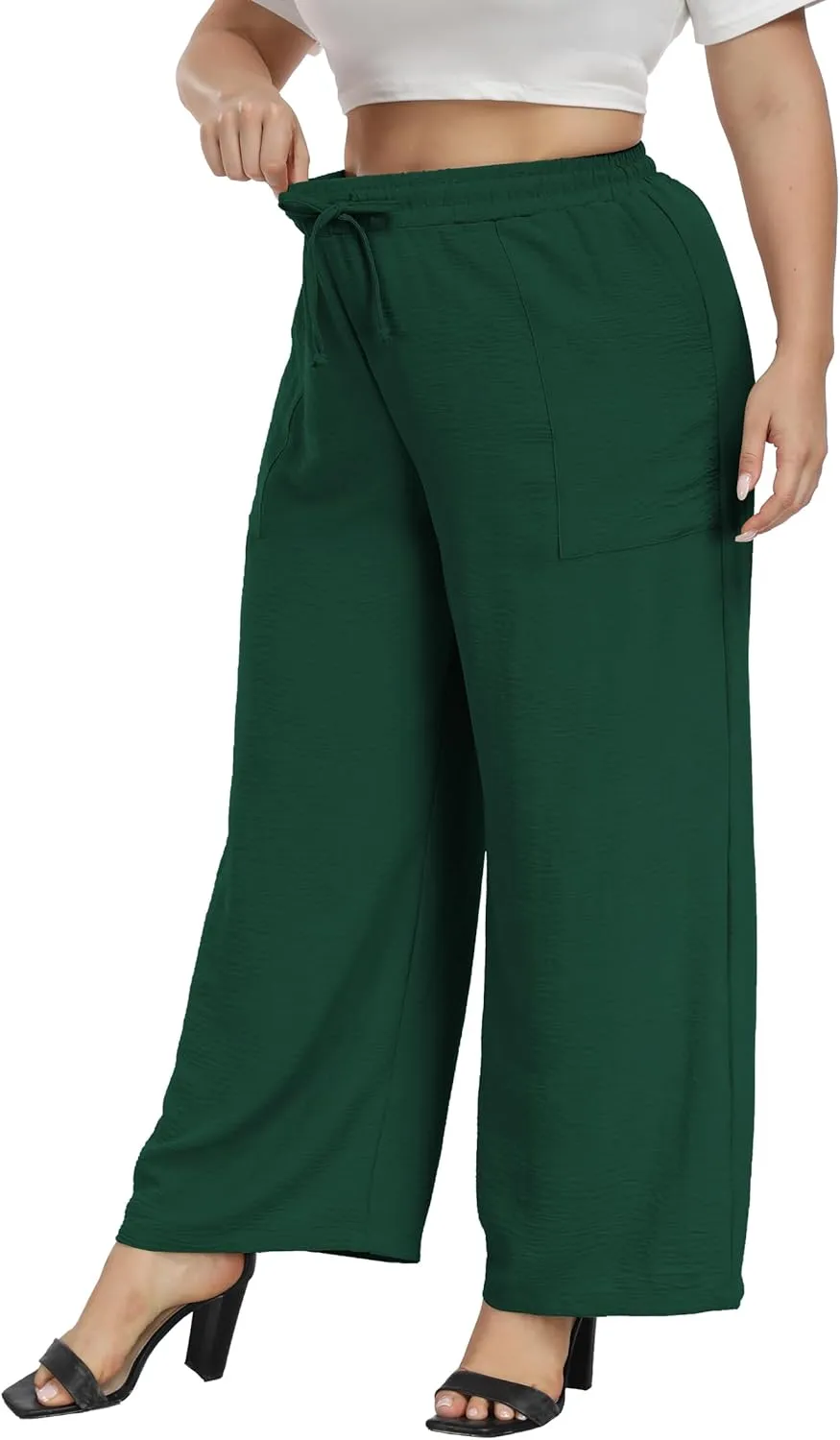 VOGUEMAX Womens Plus Size Wide Leg Pants Summer Casual Pants Loose Fit Flowy High Waisted Trousers with Pockets