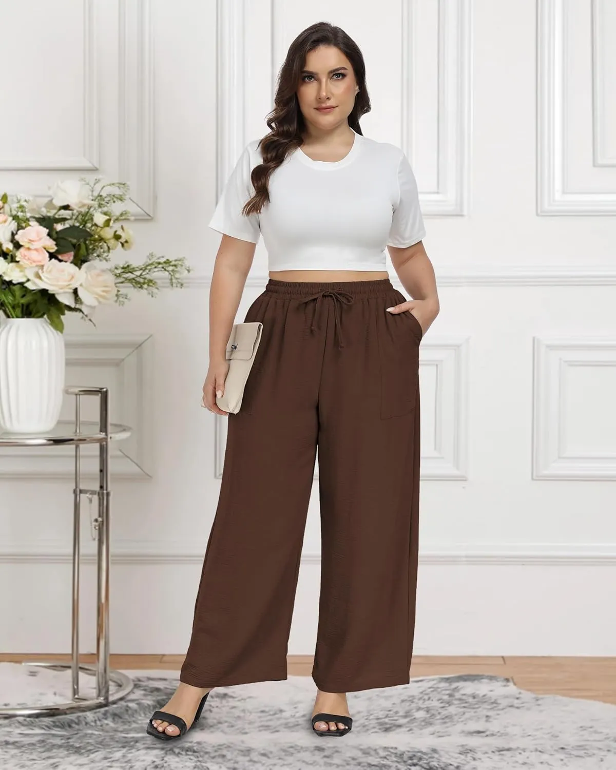 VOGUEMAX Womens Plus Size Wide Leg Pants Summer Casual Pants Loose Fit Flowy High Waisted Trousers with Pockets