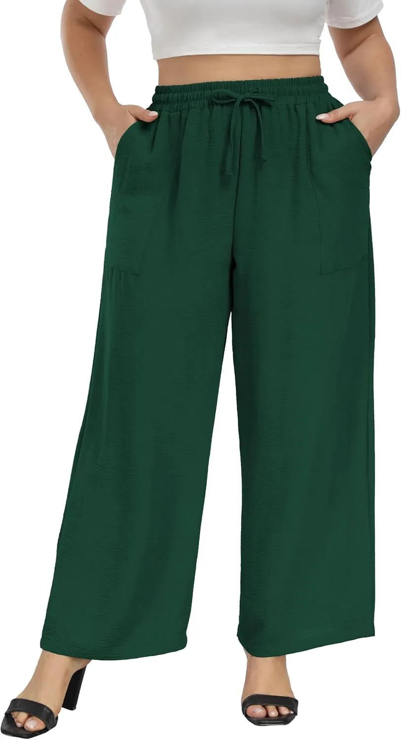 VOGUEMAX Womens Plus Size Wide Leg Pants Summer Casual Pants Loose Fit Flowy High Waisted Trousers with Pockets