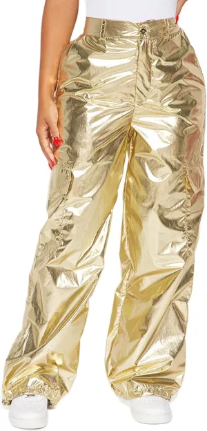 VOIKERDR Women's Jogger Pants Shiny Metallic High Waist Stretchy Trousers Wide Leg Parachute Pants