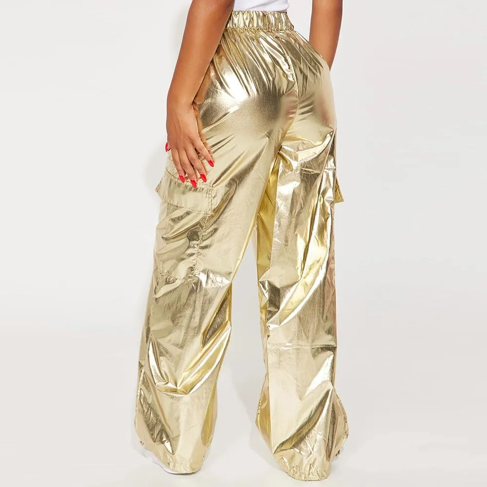 VOIKERDR Women's Jogger Pants Shiny Metallic High Waist Stretchy Trousers Wide Leg Parachute Pants