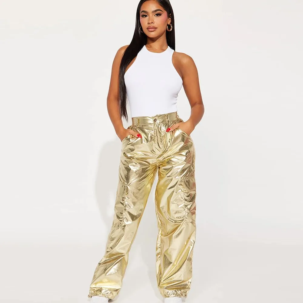 VOIKERDR Women's Jogger Pants Shiny Metallic High Waist Stretchy Trousers Wide Leg Parachute Pants