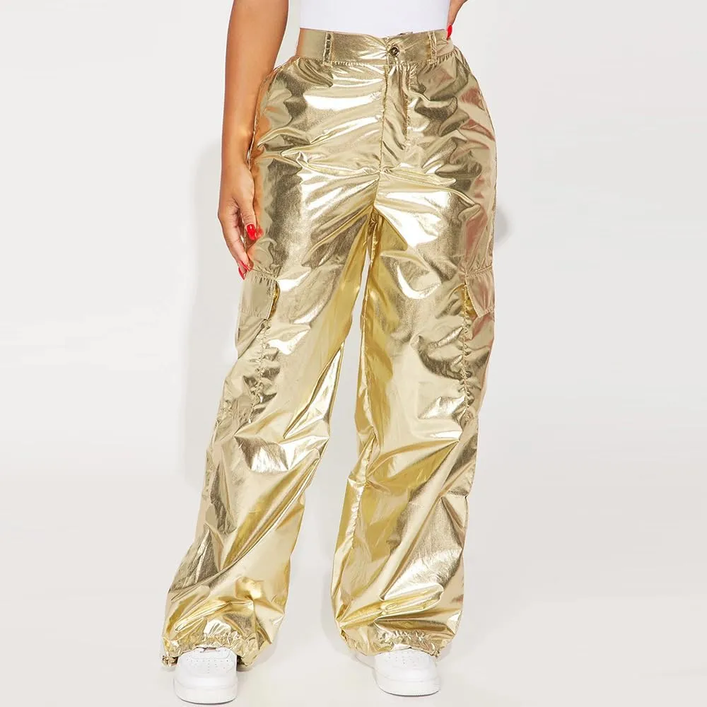 VOIKERDR Women's Jogger Pants Shiny Metallic High Waist Stretchy Trousers Wide Leg Parachute Pants