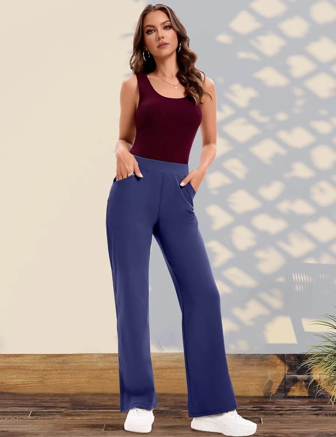 VOOVEEYA Wide Leg Pants for Women, Yoga Pants with Pockets High Waist Casual Straight Dress Pants Petite/Tall/Regular