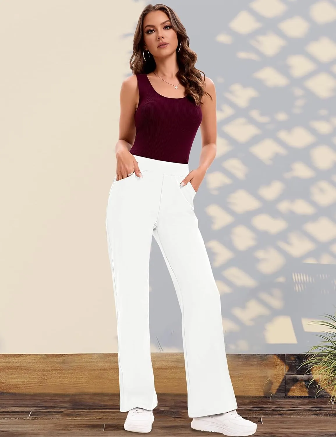 VOOVEEYA Wide Leg Pants for Women, Yoga Pants with Pockets High Waist Casual Straight Dress Pants Petite/Tall/Regular