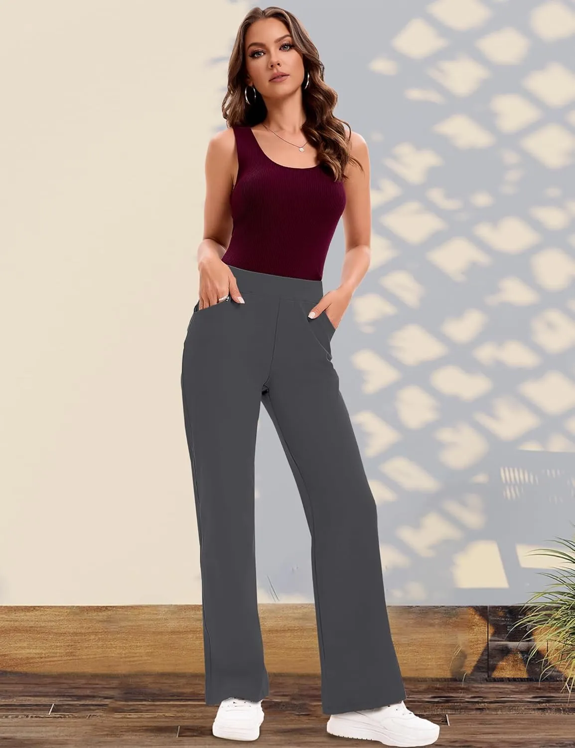 VOOVEEYA Wide Leg Pants for Women, Yoga Pants with Pockets High Waist Casual Straight Dress Pants Petite/Tall/Regular