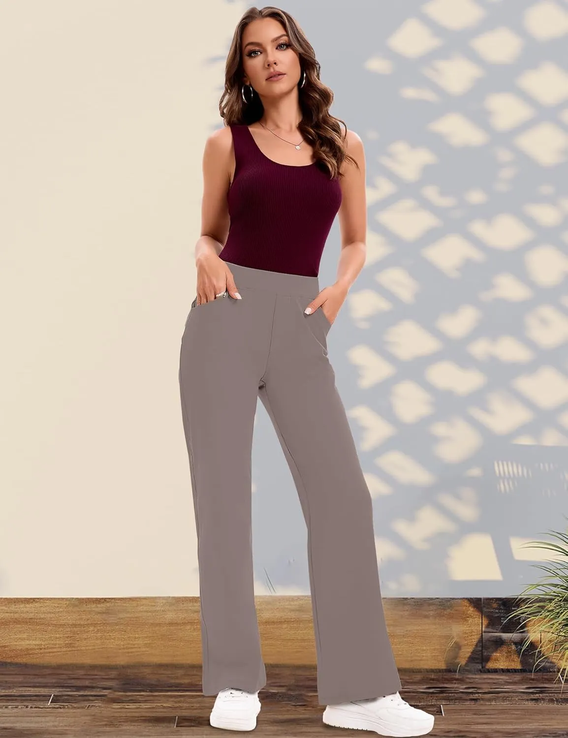 VOOVEEYA Wide Leg Pants for Women, Yoga Pants with Pockets High Waist Casual Straight Dress Pants Petite/Tall/Regular