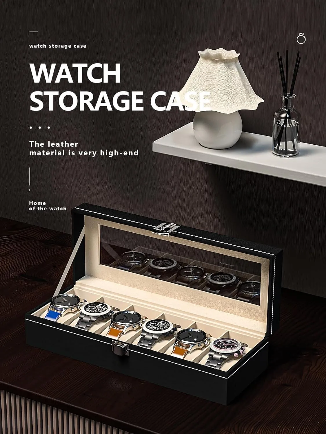 Watch Display Case For Men,Leather Watch Organizer Box,Watch Travel Organizer Tray,Watch Collection Storge Holder For Women (Black Leather, 6 Slots)