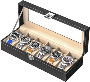 Watch Display Case For Men,Leather Watch Organizer Box,Watch Travel Organizer Tray,Watch Collection Storge Holder For Women (Black Leather, 6 Slots)