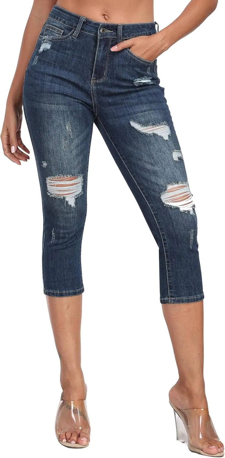 WAYRUNZ Women's High Rise Skinny Ripped Stretchy Cropped Distressed Jeans Capri Pants