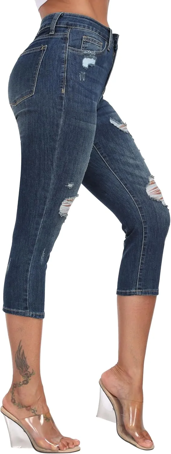 WAYRUNZ Women's High Rise Skinny Ripped Stretchy Cropped Distressed Jeans Capri Pants