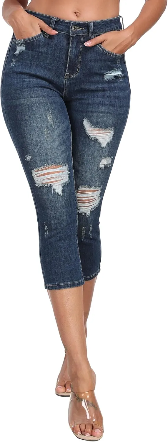 WAYRUNZ Women's High Rise Skinny Ripped Stretchy Cropped Distressed Jeans Capri Pants
