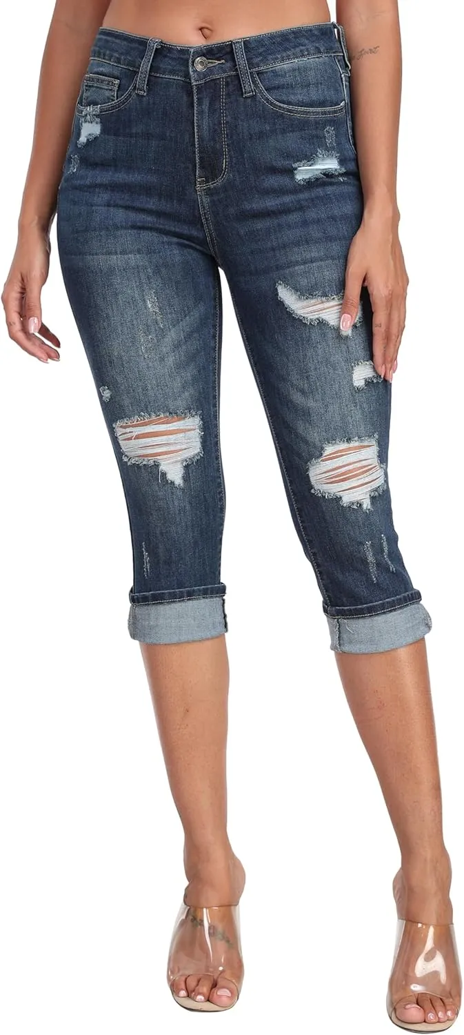WAYRUNZ Women's High Rise Skinny Ripped Stretchy Cropped Distressed Jeans Capri Pants