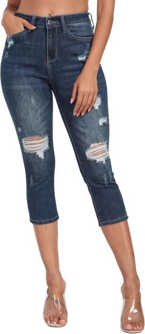WAYRUNZ Women's High Rise Skinny Ripped Stretchy Cropped Distressed Jeans Capri Pants