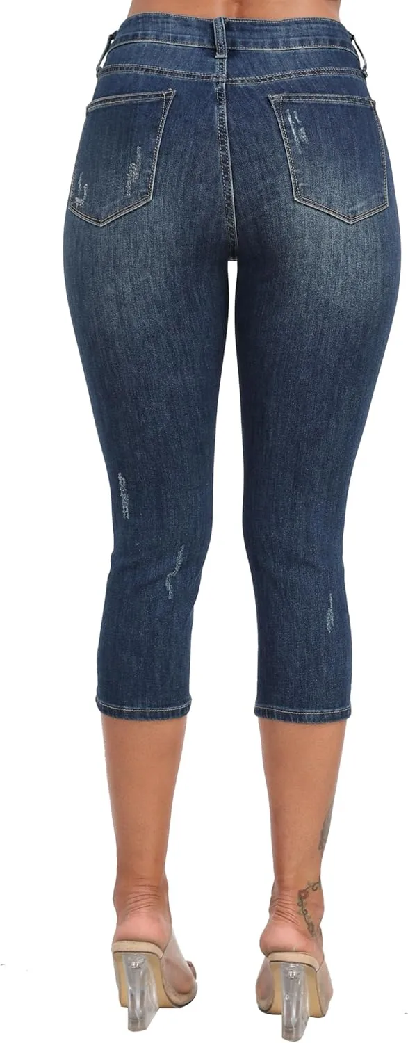 WAYRUNZ Women's High Rise Skinny Ripped Stretchy Cropped Distressed Jeans Capri Pants