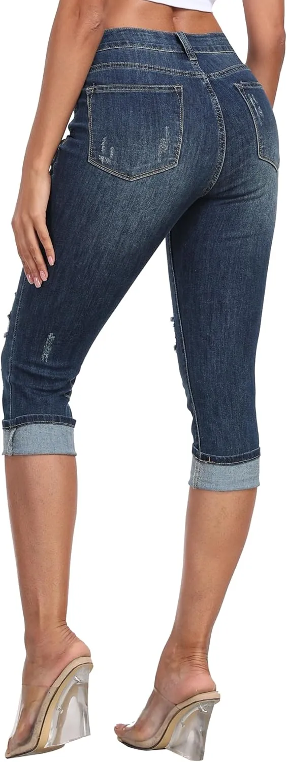 WAYRUNZ Women's High Rise Skinny Ripped Stretchy Cropped Distressed Jeans Capri Pants