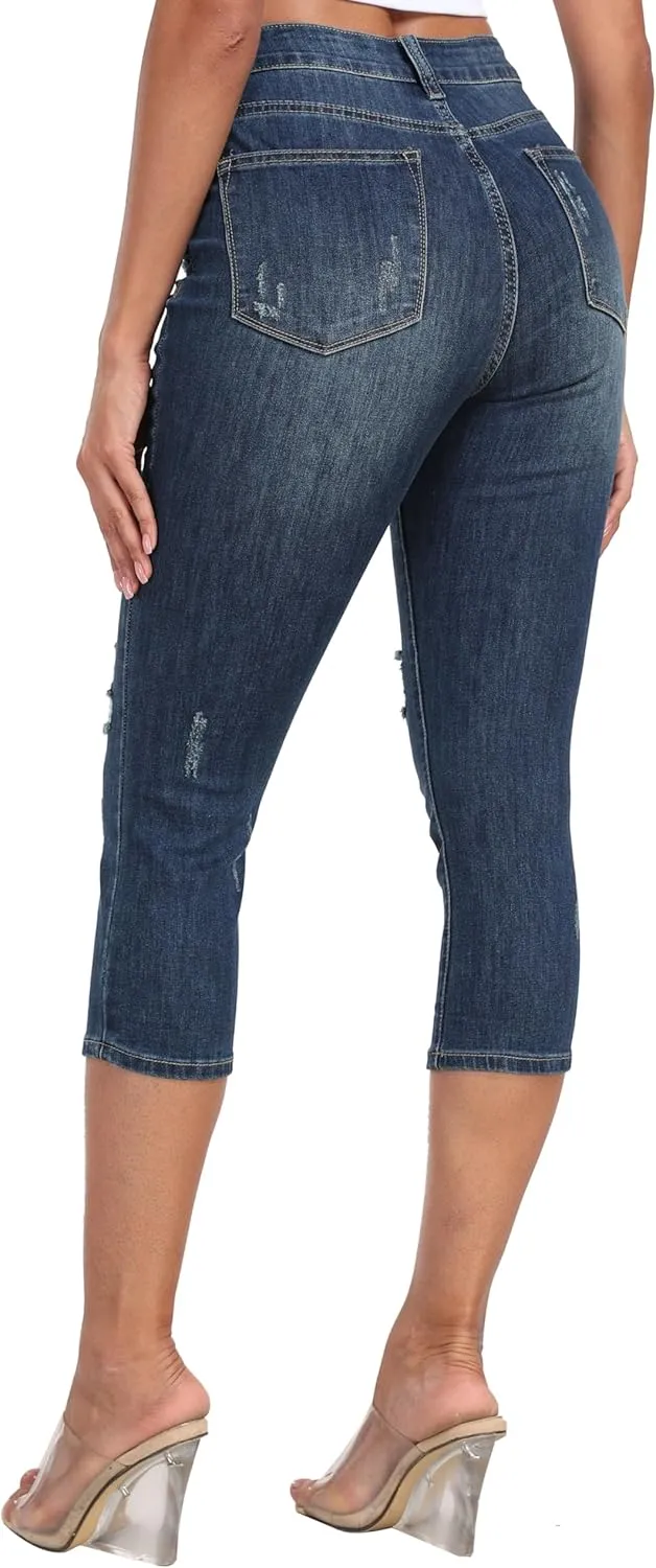 WAYRUNZ Women's High Rise Skinny Ripped Stretchy Cropped Distressed Jeans Capri Pants