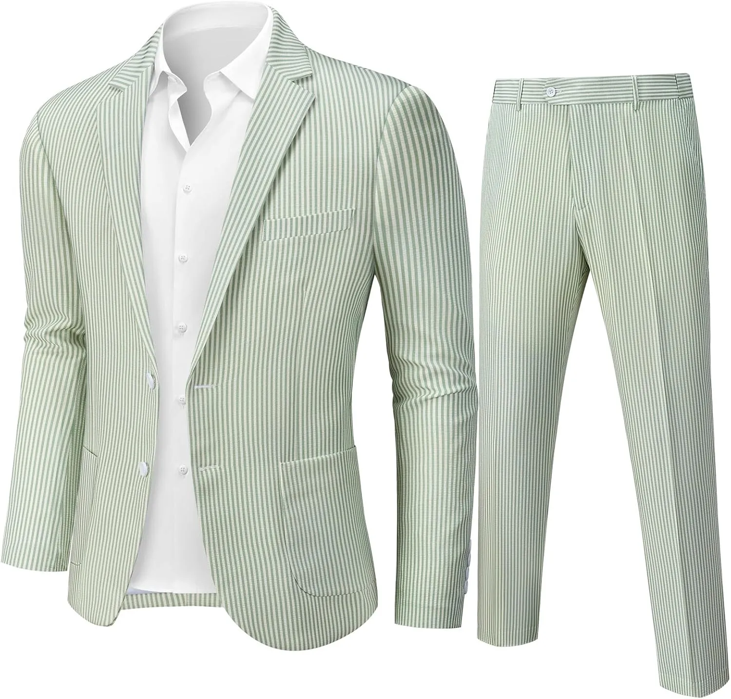 WEEN CHARM Men's 2 Piece Slim Fit Pinstripe Seersucker Suit Lightweight Breathable for Beach Wedding Summer Formal