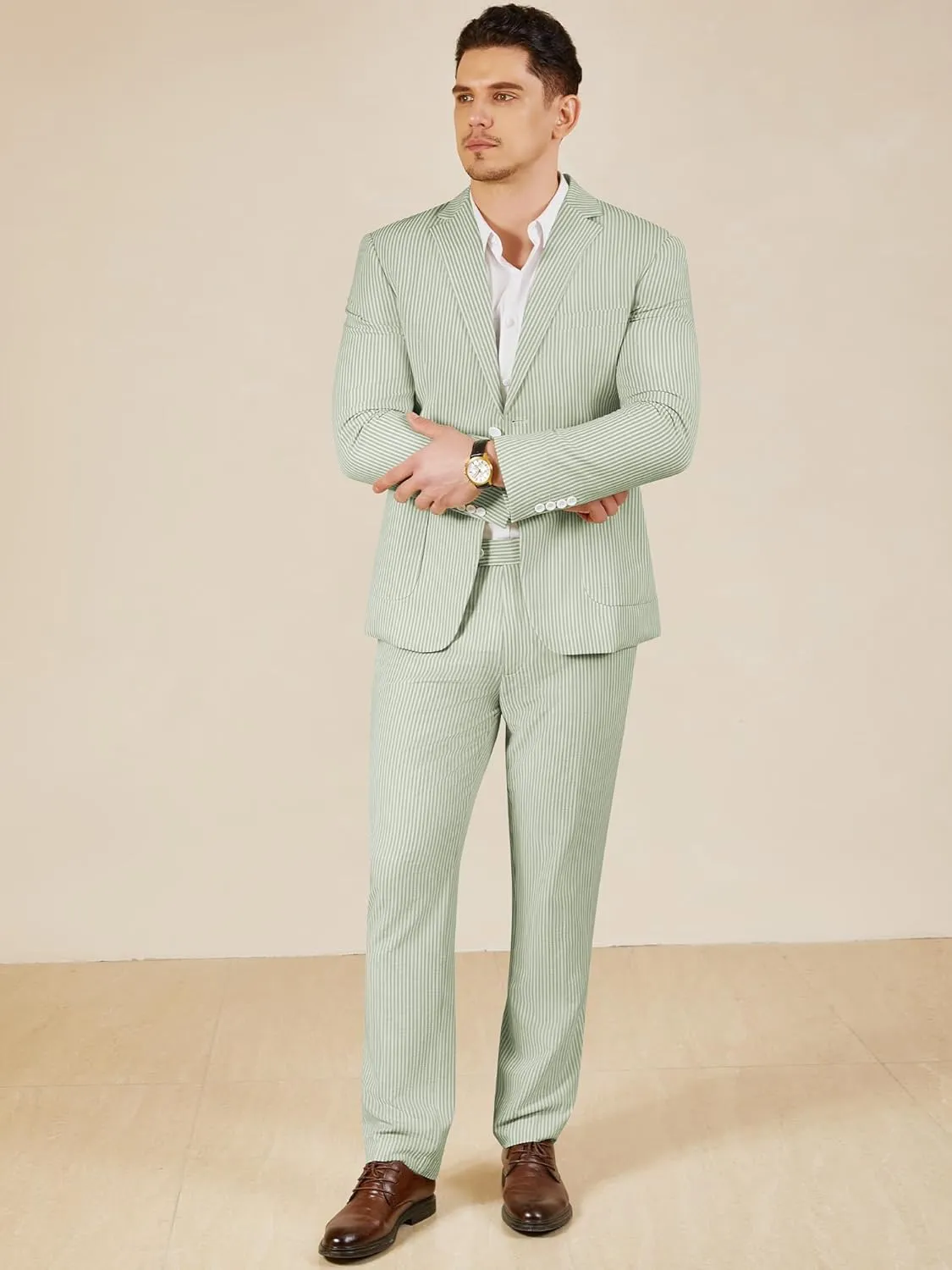 WEEN CHARM Men's 2 Piece Slim Fit Pinstripe Seersucker Suit Lightweight Breathable for Beach Wedding Summer Formal