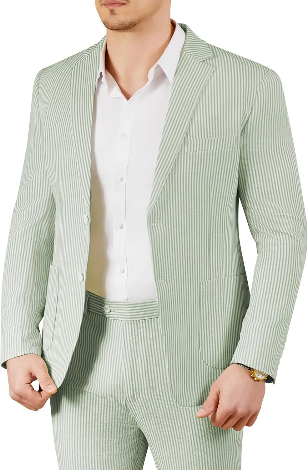 WEEN CHARM Men's 2 Piece Slim Fit Pinstripe Seersucker Suit Lightweight Breathable for Beach Wedding Summer Formal