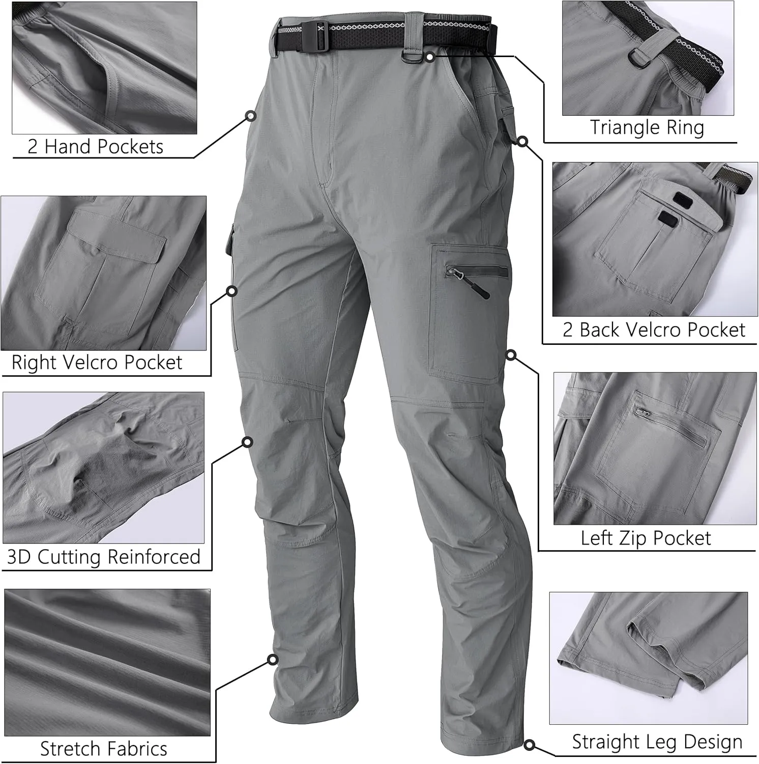 WENRONSTA Men's Hiking Work Cargo Pants Quick-Dry Lightweight Waterproof 6 Pockets Outdoor Mountain Fishing Camping Pants
