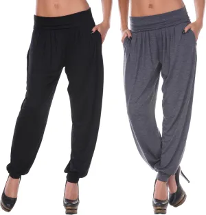 white mark Women's 2-PC Pack Harem Jogger Aladdin Elephant Pants with Pockets Relaxed High Waist Yoga Lounge Pants