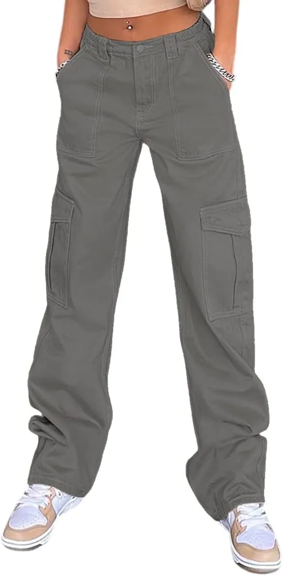 Women Casual Cargo Pants, Solid Color High Waist Straight Wide Leg Pants with Pockets Trendy Baggy Trousers