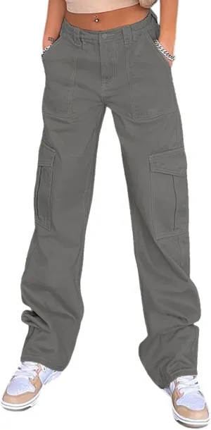 Women Casual Cargo Pants, Solid Color High Waist Straight Wide Leg Pants with Pockets Trendy Baggy Trousers