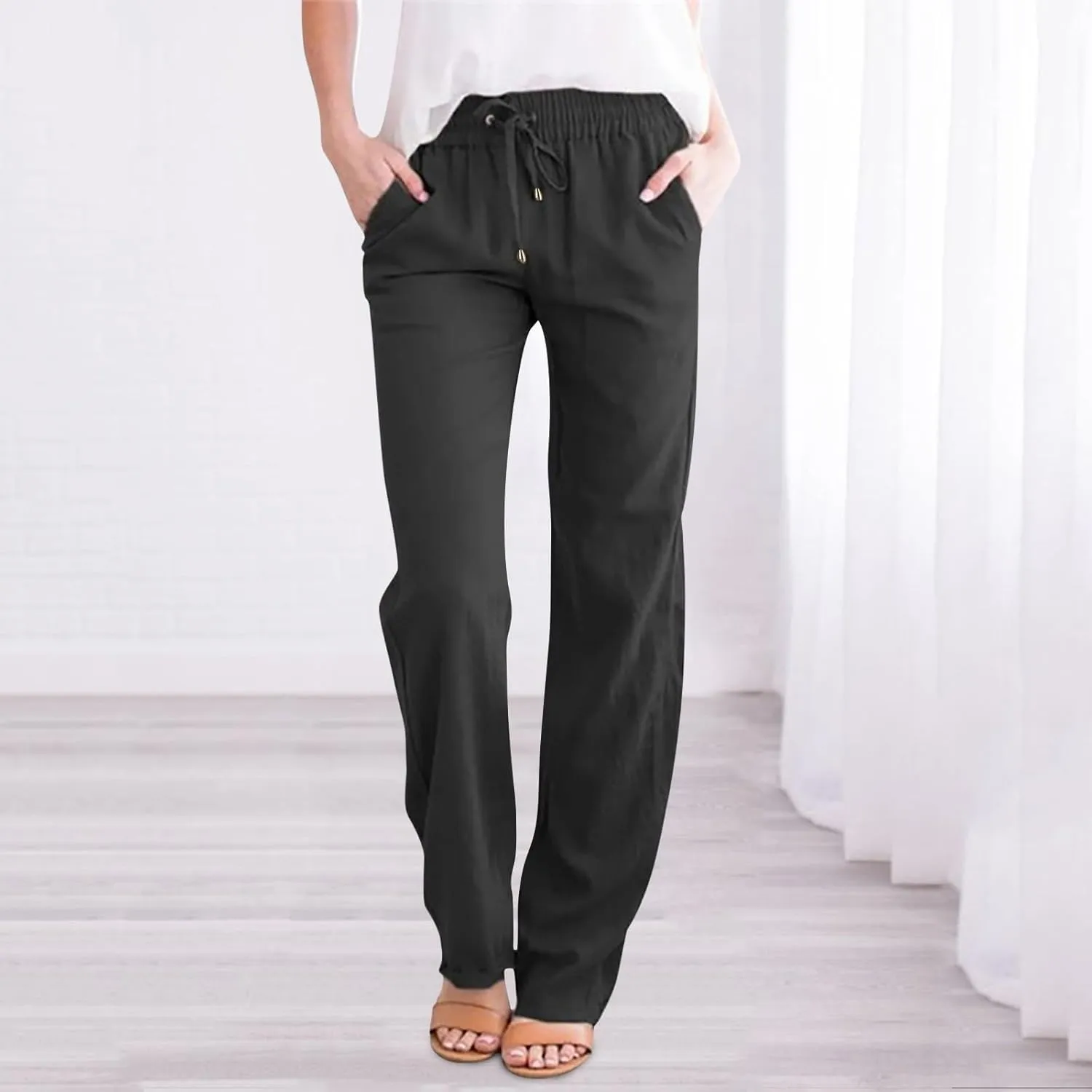 Women Cotton Linen Summer Floral Palazzo Lounge Pants Low Waist Stretchy Slim-Fit Palazzo Pants Beach