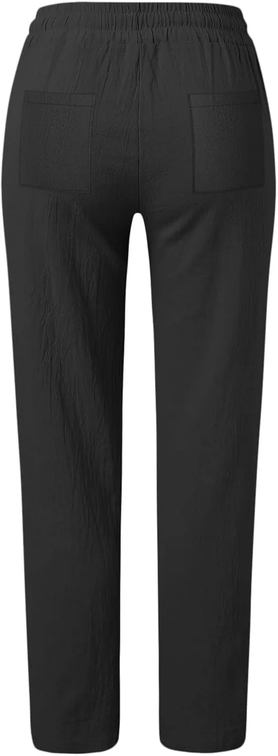 Women Cotton Linen Summer Floral Palazzo Lounge Pants Low Waist Stretchy Slim-Fit Palazzo Pants Beach
