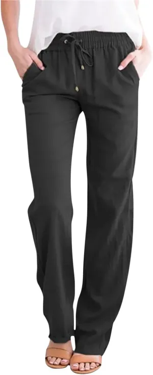 Women Cotton Linen Summer Floral Palazzo Lounge Pants Low Waist Stretchy Slim-Fit Palazzo Pants Beach