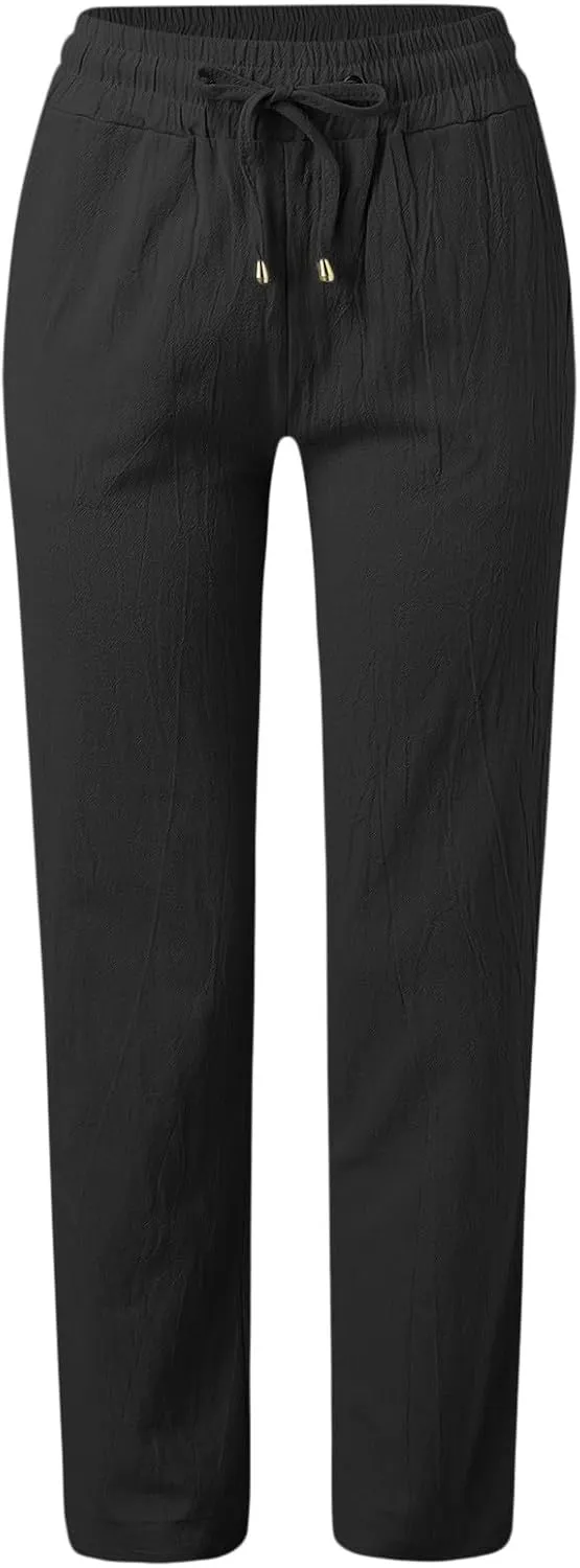 Women Cotton Linen Summer Floral Palazzo Lounge Pants Low Waist Stretchy Slim-Fit Palazzo Pants Beach