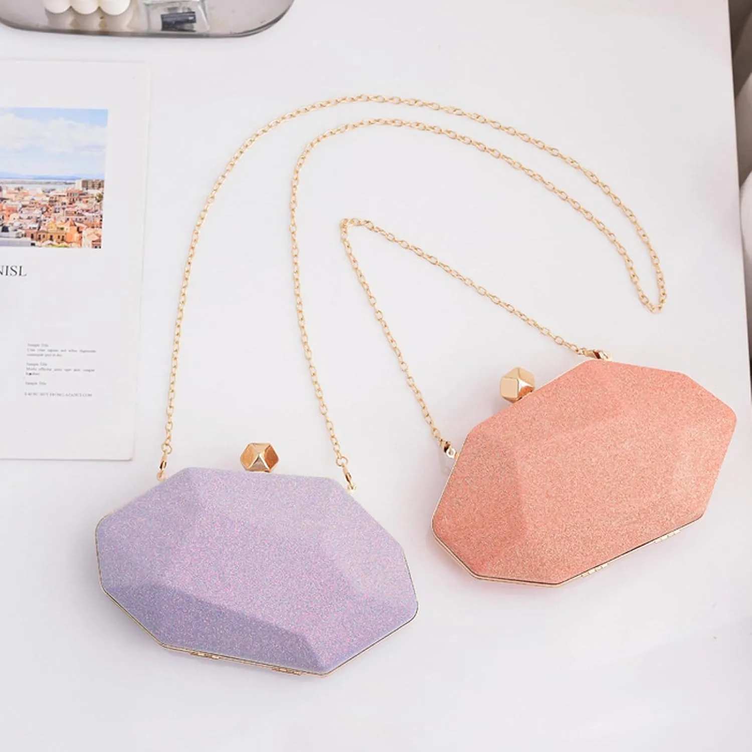 Women Evening Bag Sequin Clutch Bag Sparkly Handbag Bridal Wedding Purse Glitter Irregular Dimensional Shoulder Bag